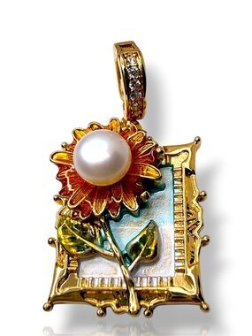 Monet Sunflower Freshwater Pearl Pendant Necklace Gold Tone 22”